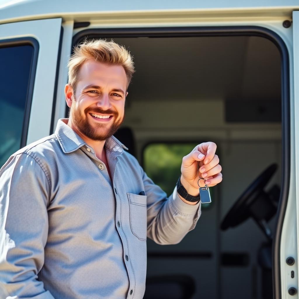 Happy business owner receiving keys to a financed commercial vehicle